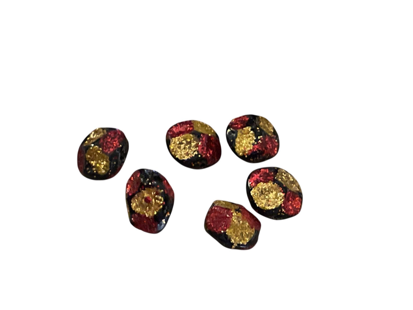 Vintage Red & Gold Glitter on uniquely shaped black Beads – for Jewelry Making