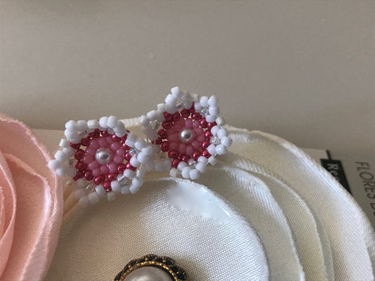 Small little hand beaded beadwork stud earrings - pink and white flowers