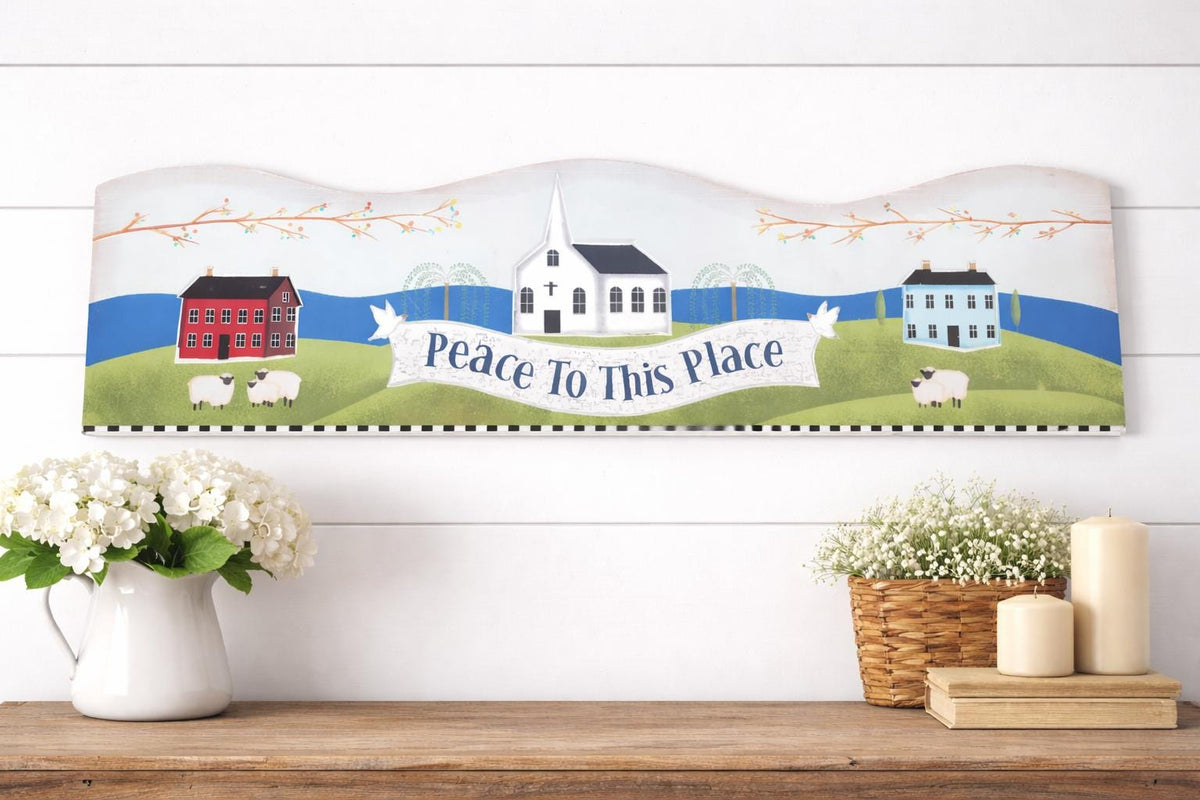 Folk Art Wooden Wall Plaque – “Peace to This Place” Country Village Scene with Sheep & Church – Primitive Farmhouse Decor