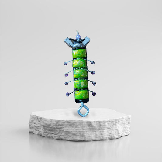 Caterpillar style insect pin - made of staples, hardware (nuts/screws), glass and upcycled elements - Assemblage art / mixed media collage