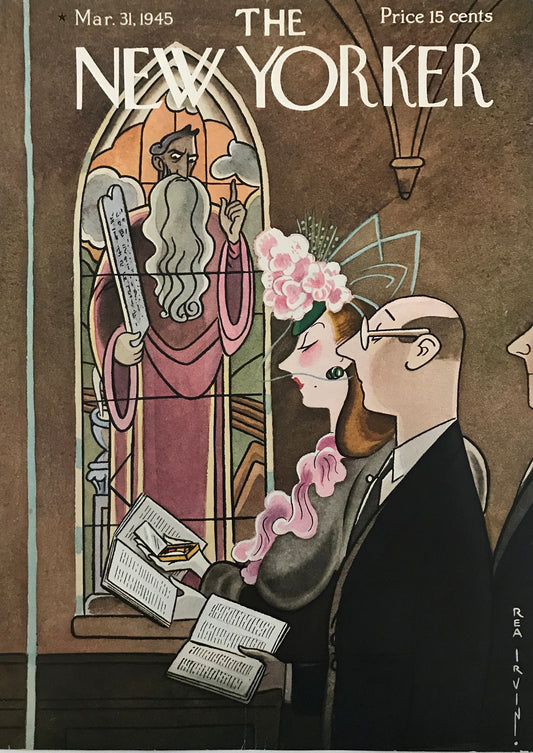 The NEW YORKER Magazine original cover - March 31, 1945 - artist Rea Irvin - couple at church - Ready to frame!