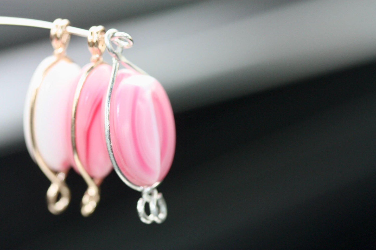 Unique pink and white swirled art glass beads - with wires