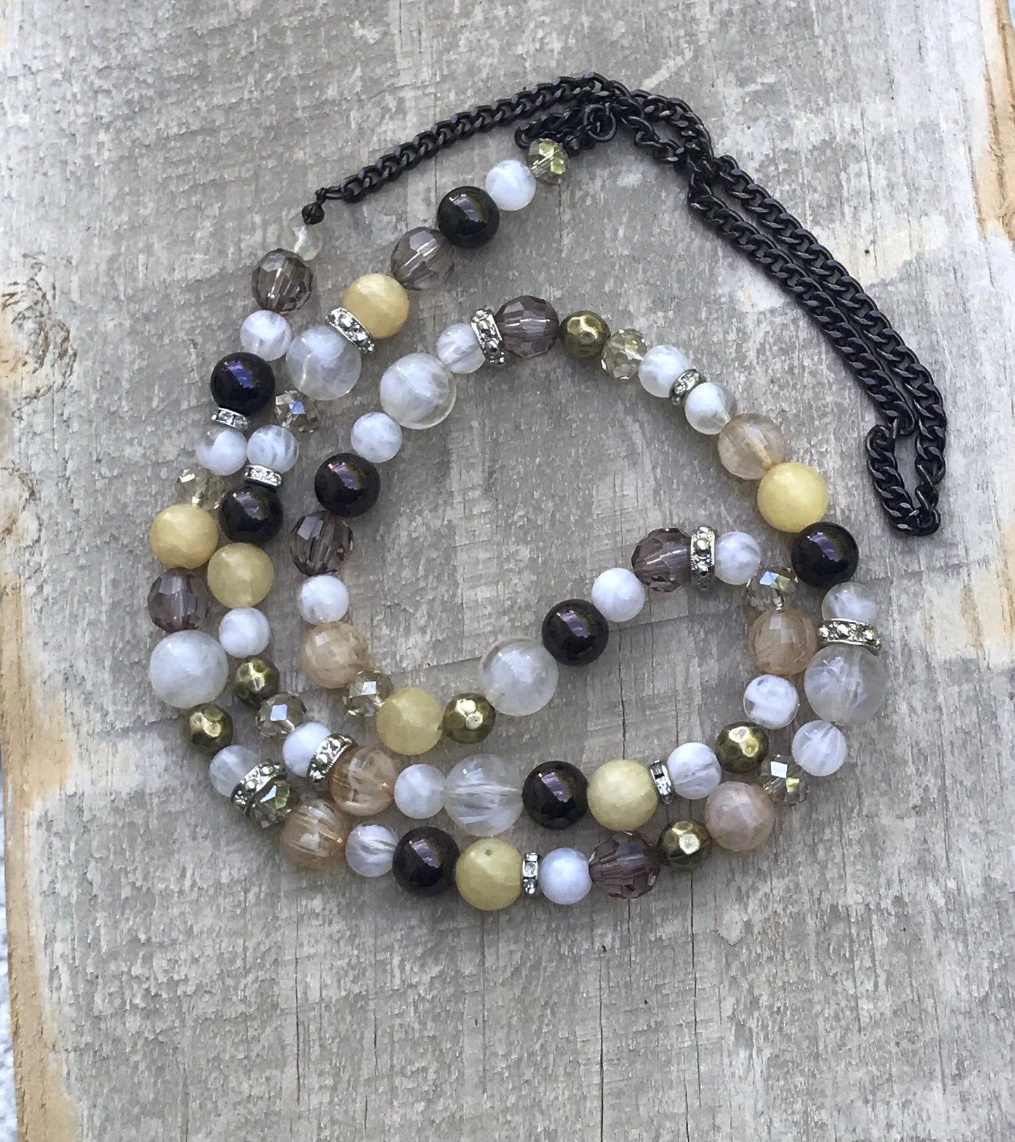 Long vintage beaded necklace - mixed material - swirled glass, crystal, metal, rhinestone, spacers