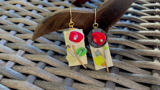 Mixed material collage handmade dangle earrings - stone, wood, glass, metal, and more