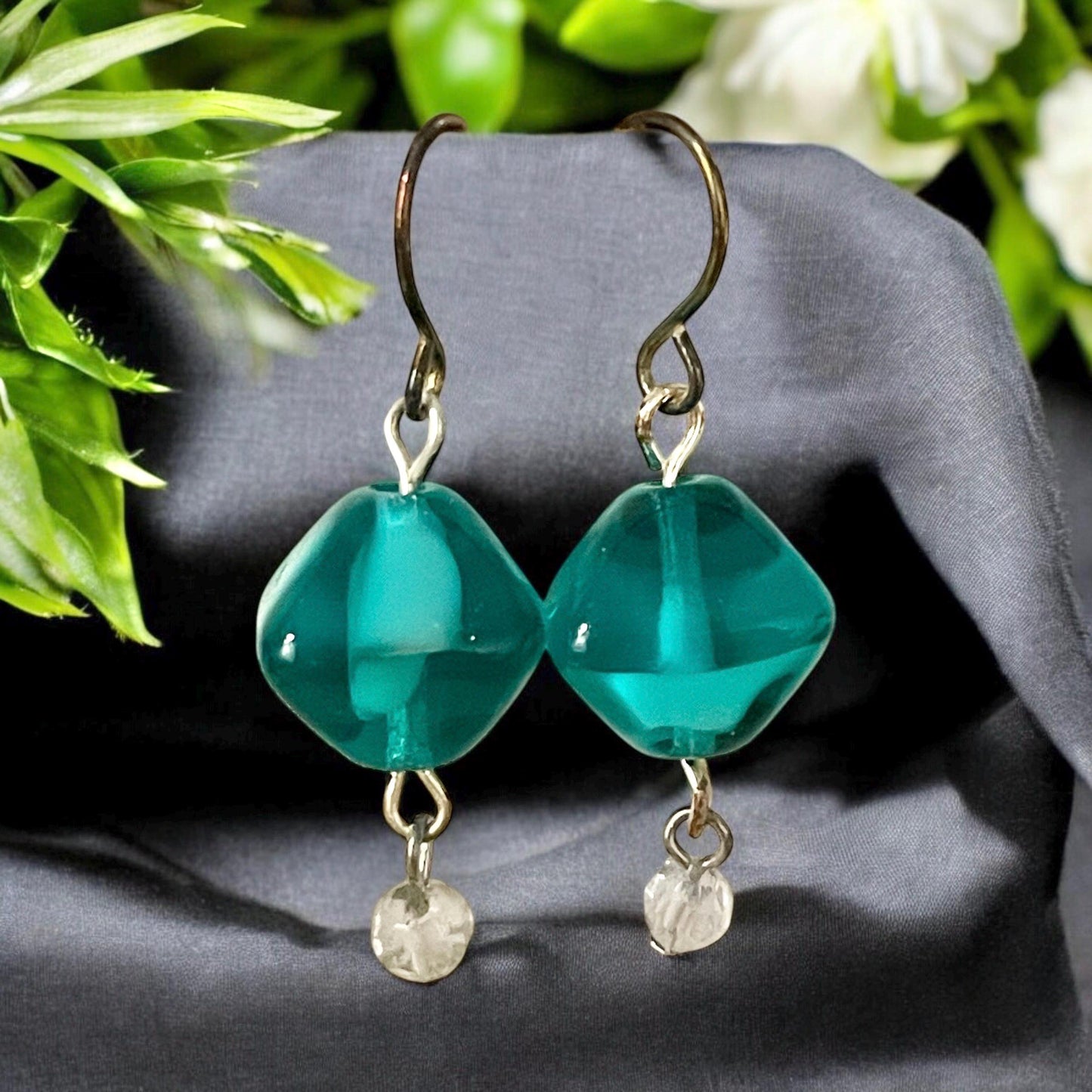 Triangular shaped turquoise glass and crystal drop earrings