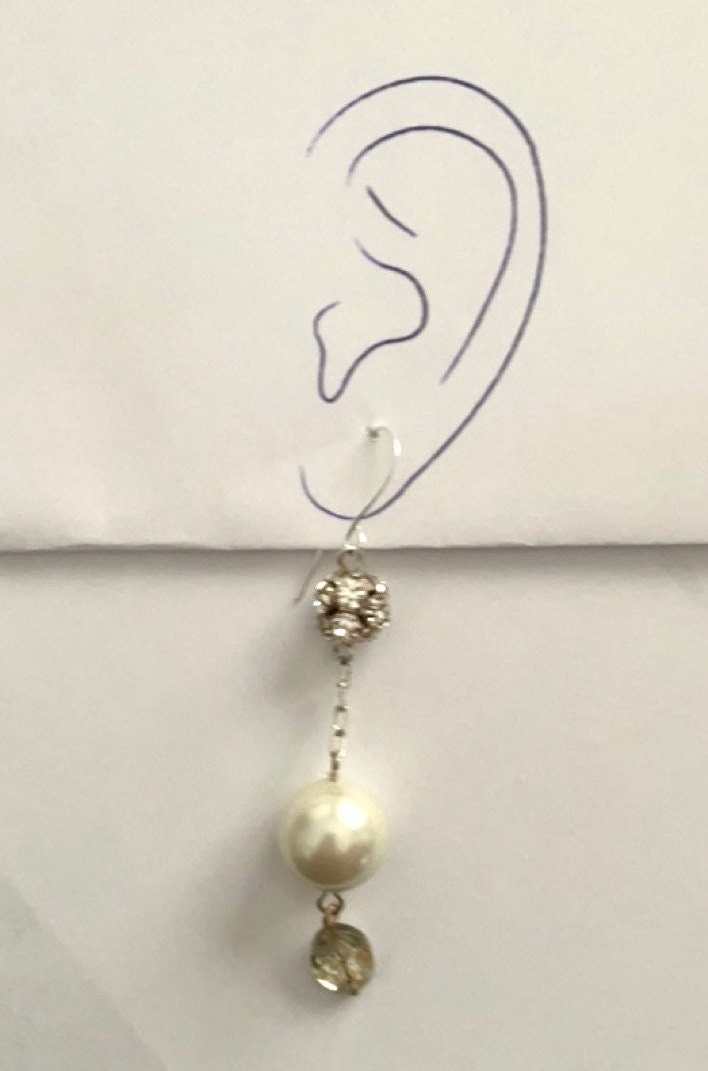 Rhinestone balls and pearls drop dangle earrings - sterling silver ear wires