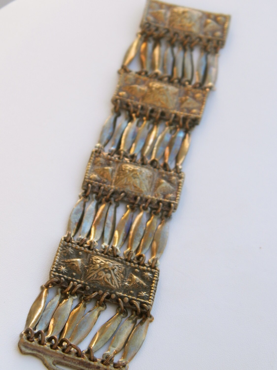Vintage alpaca embossed Mexican panel bracelet - signed