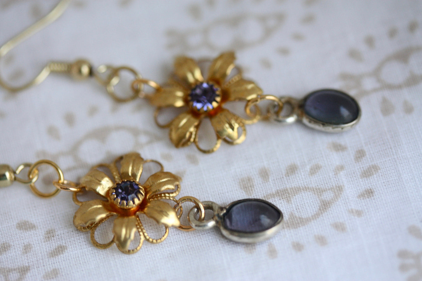 Handmade earrings - made up of vintage & new components - gold flowers with purple rhinestones and purple dangles