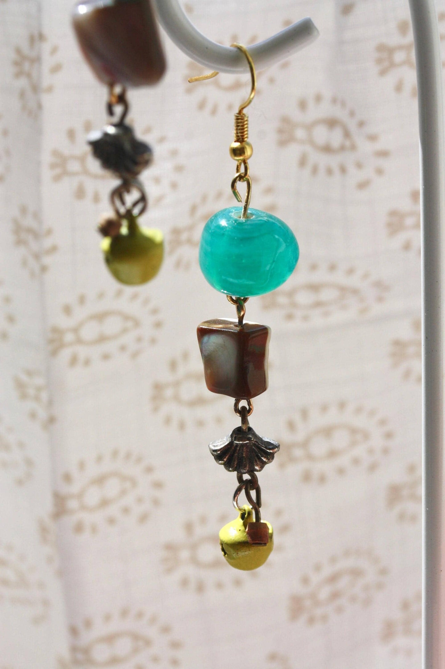 Handmade Vintage Turquoise Glass Earrings - Abalone Shell Dangle Earrings - Mustard Yellow Bell Beads - Boho Statement Earrings