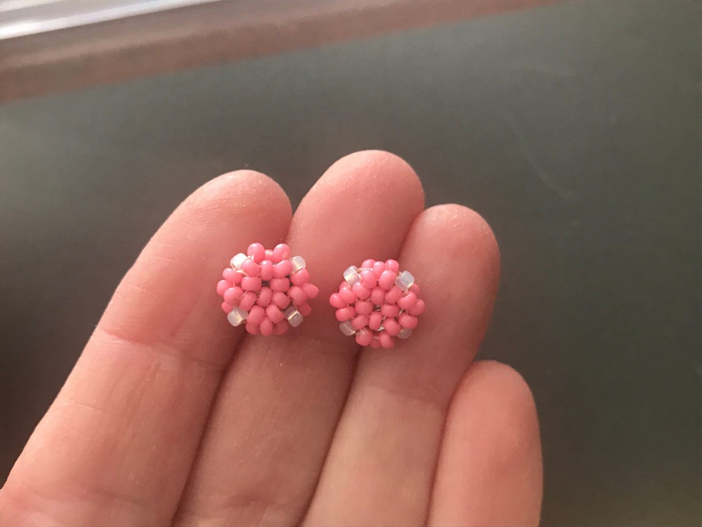 Hand beaded stud earrings - pink and white - studs, beadwork studs, beaded studs