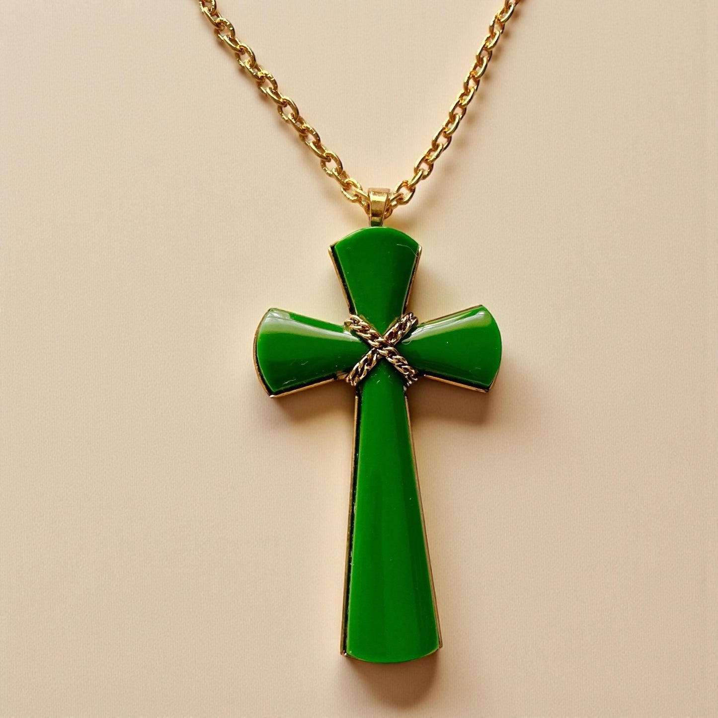 Vintage Avon Green Enamel Cross Pendant Necklace, Gold-Tone Chain, 1980s Avon Jewelry, Religious Statement Necklace