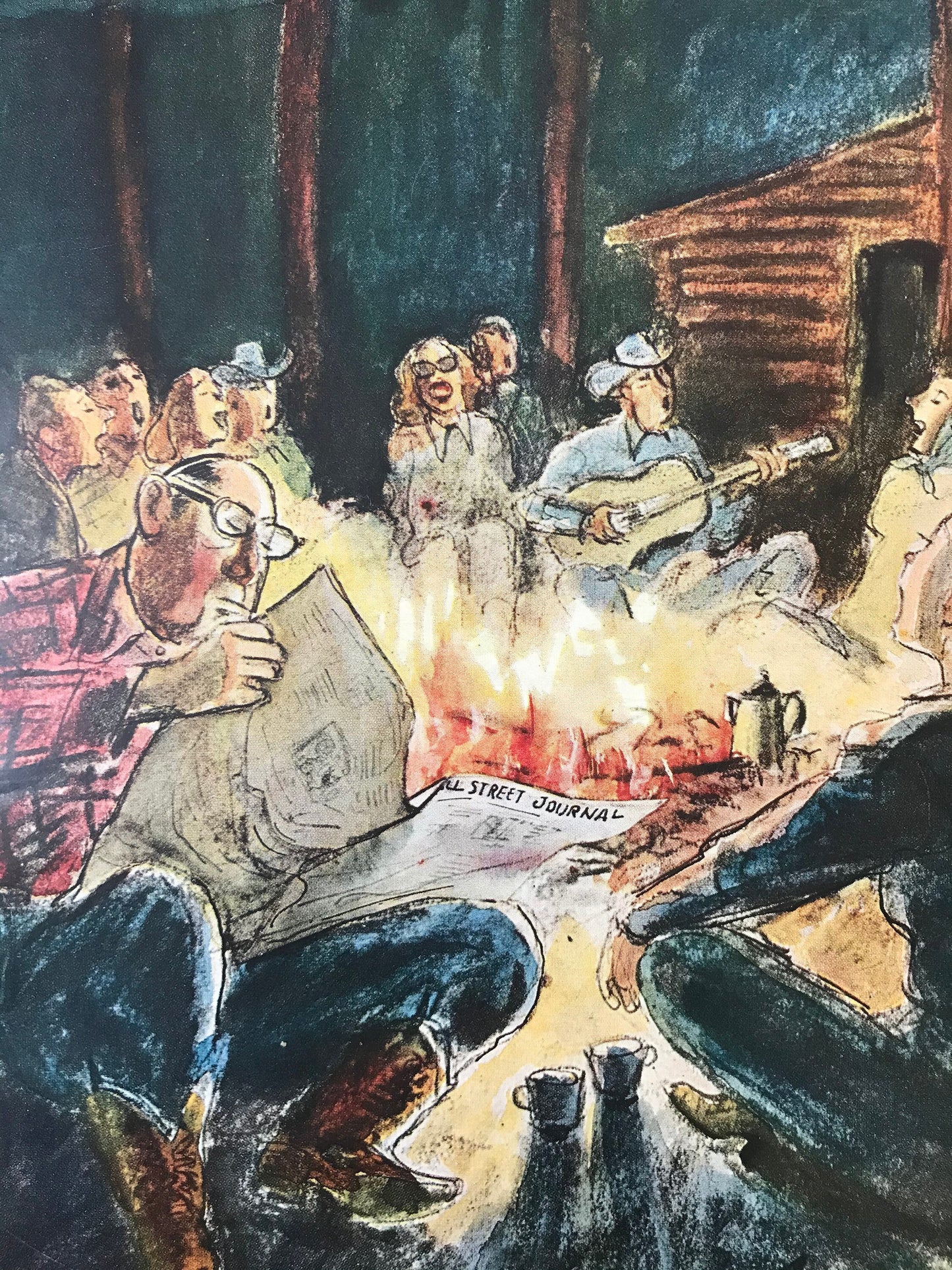 The NEW YORKER Magazine original cover - August 3, 1957 - singing and reading around the campfire