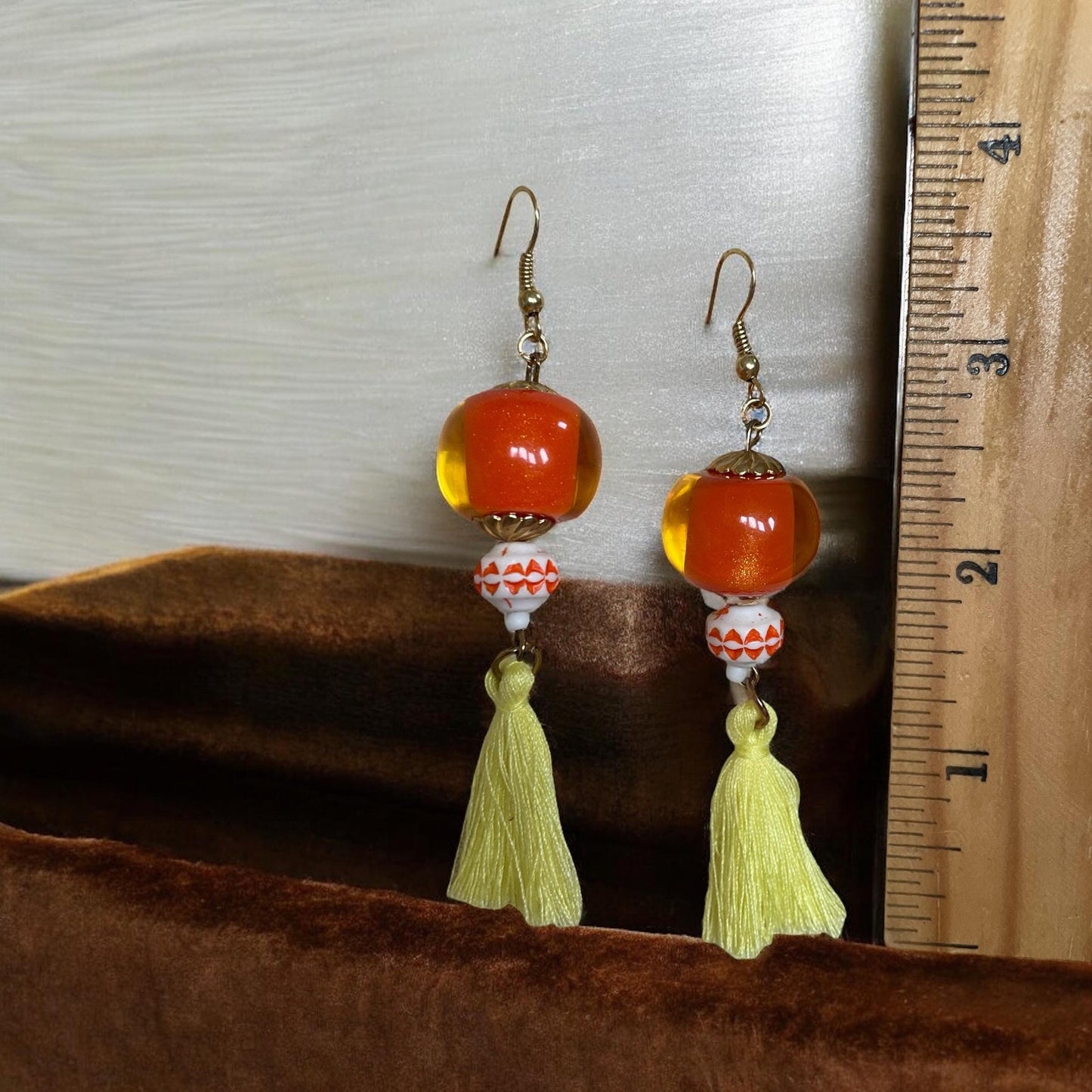 Orange Beaded Earrings with Yellow Tassels – Handmade Boho Dangle Earrings, Bright Summer Jewelry, Festival Accessories, Gift for Her