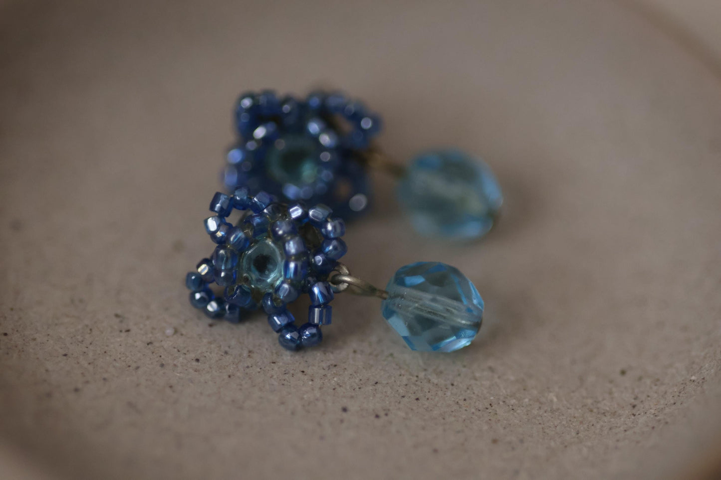 Blue Beaded Earrings with Light Blue Crystal Dangles, Vintage Dangle Earrings, Boho Drop Earrings Gift for Her