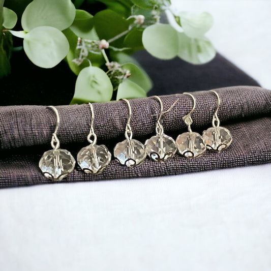 Crystal drop earrings - stunning, simple, for daytime or night - made of vintage faceted glass crystal and metal filigree findings - 1"