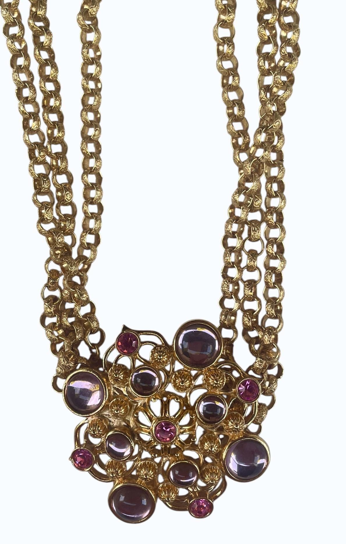 1992 Signed Barrera for Avon Marbella Necklace & Clip-On Earrings Set | Gold Tone Pink and Lavender Cabochon Designer Jewelry