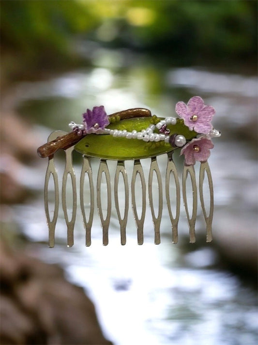 Mixed material hair comb - one-of-a-kind handmade beadwork with upcycled vintage fabric flowers, green "leaf" and branch