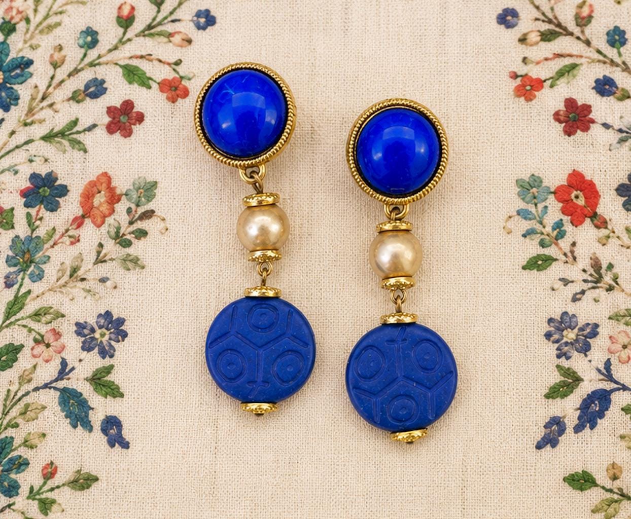 Vintage Cobalt Blue Clip On Statement Earrings | Gold Tone Dangle Earrings | Bold 1980s Fashion Jewelry | 2.5 Inch Earrings