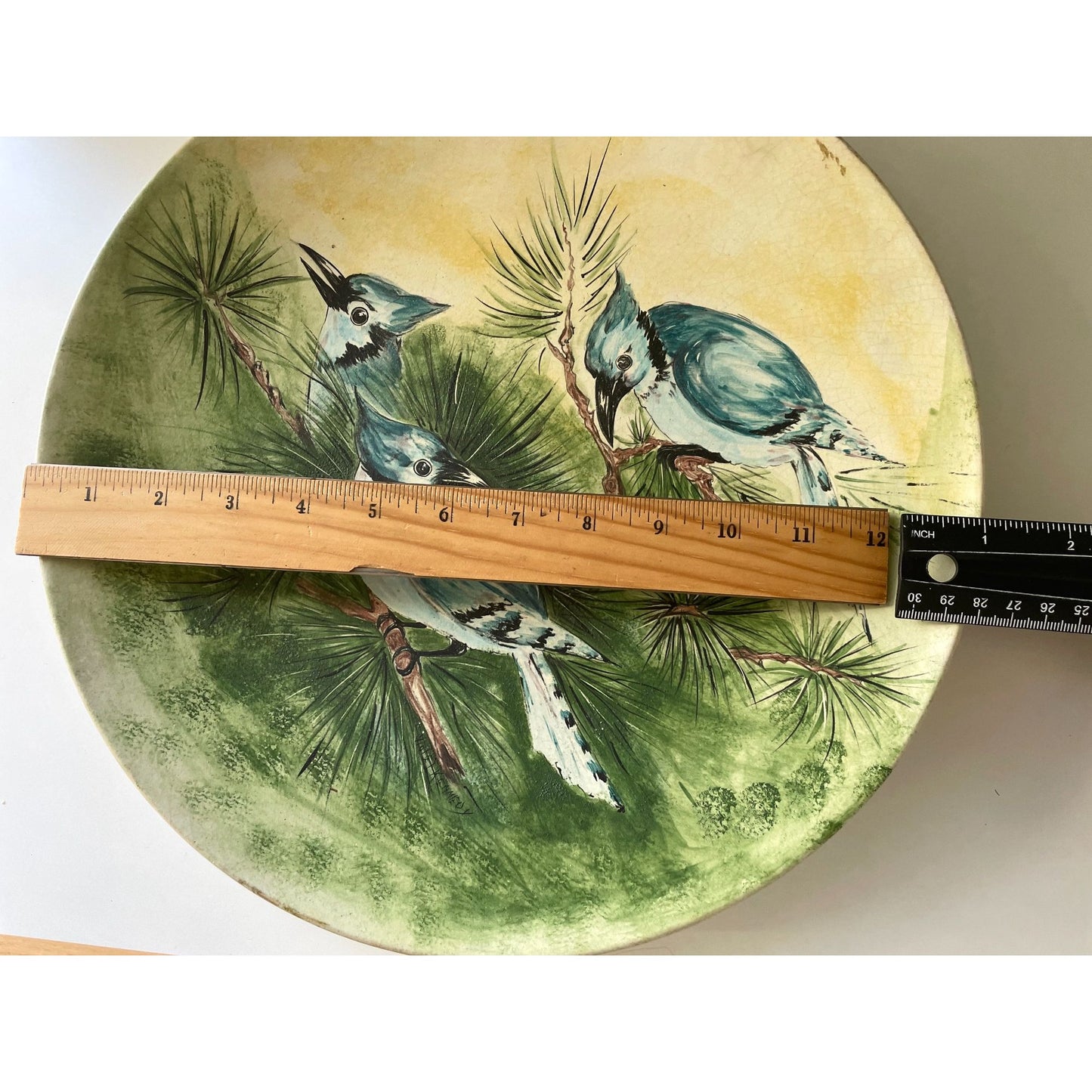 Magnificent vintage handmade, handpainted bird dish - painted terracotta, unsigned