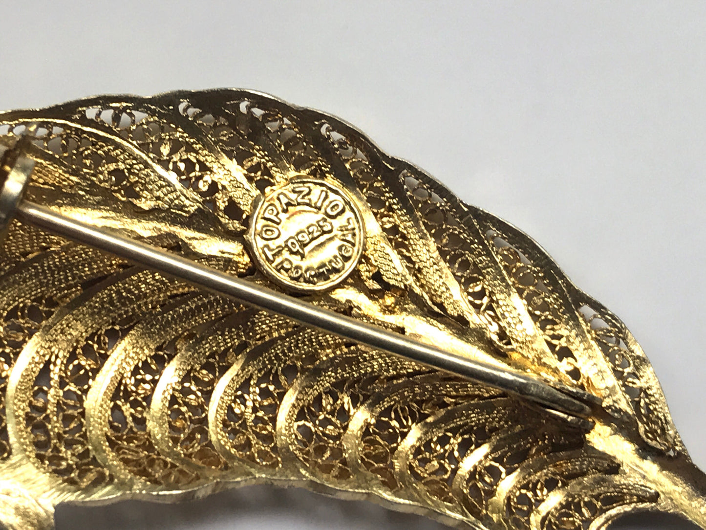 Stunning vintage signed Topazio Portugal sterling silver 925 filigree feather pin
