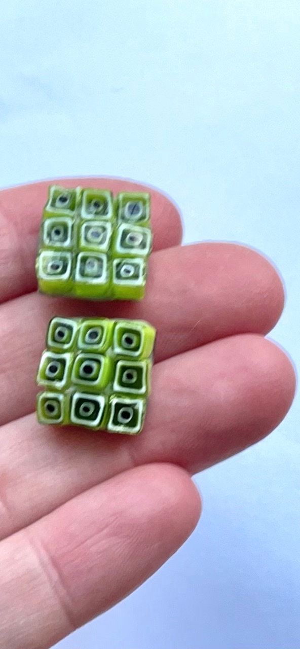 Small handmade lime green squares micro mosaic glass half-inch stud earrings