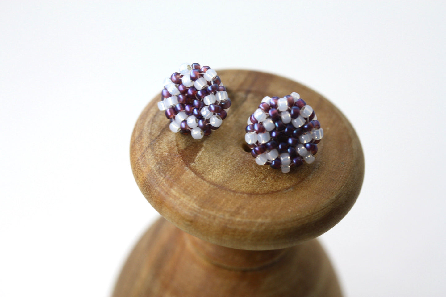 Hand beaded stud earrings - purple with drops of white glass - studs, beadwork studs, beaded studs