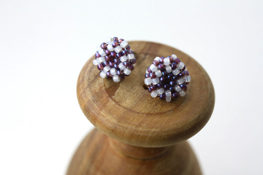 Hand beaded stud earrings - purple with drops of white glass - studs, beadwork studs, beaded studs