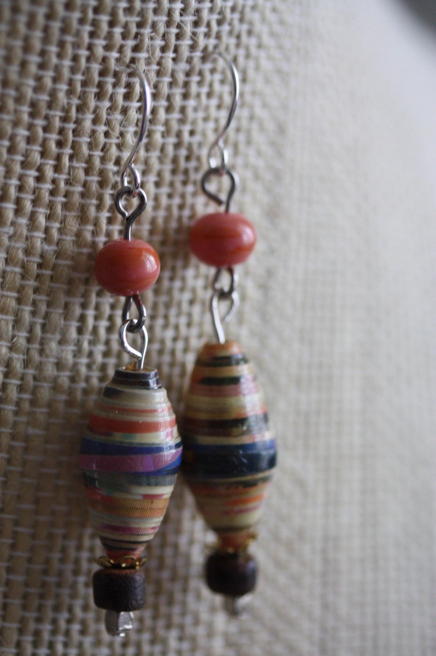 Oval rolled paper with coral glass - handmade dangle earrings - 2" long