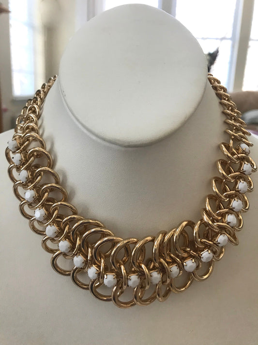 Unique chunky vintage goldtone chain statement necklace studded with milk glass rhinestones