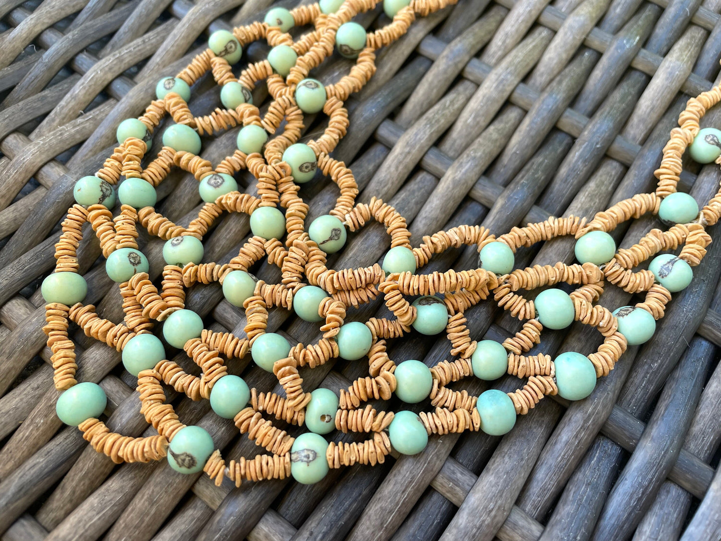 Unique vintage heishi bead and turquoise bead bib style necklace