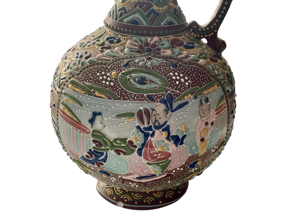 Antique Japanese Satsuma Moriage Pitcher | Hand Painted Figural Ewer Vase | Raised Enamel Gold Gilt | Meiji Style Art Pottery