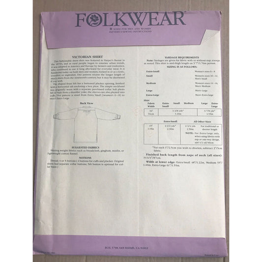 Folkwear sewing pattern #202 - uncut - Victorian Shirt