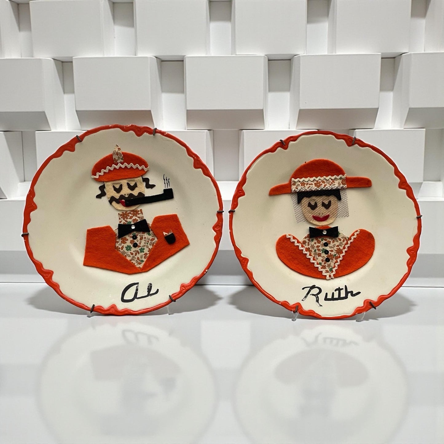 Vintage Felt Art Wall Plates, Retro Folk Art, Mid Century Wall Hanging Set - possibly the most charming portrait plates!  Meet RUTH & AL