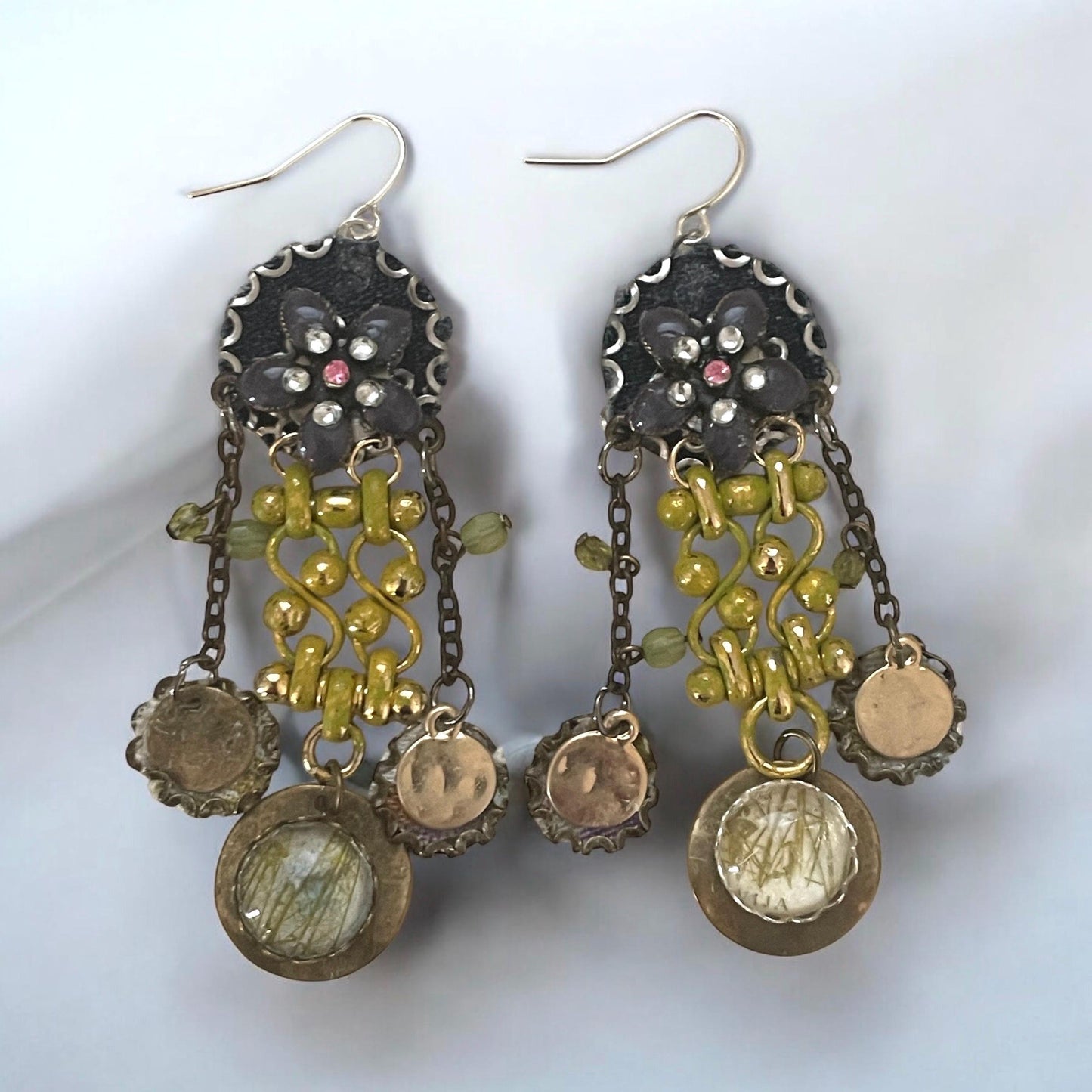 Handmade collage earrings -mixed metals with denim, rhinestones and postage stamp remnant dangles under faux glass domes- Sterling ear wires