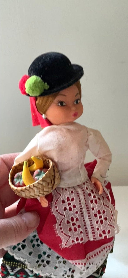 Vintage signed Muneca Artesana Beibi doll figurine - Made in Spain - holding wicker basket with miniature fruit