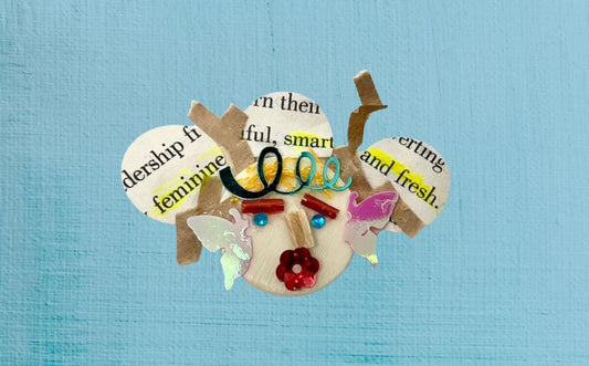 Feminine, smart and fresh - My funny face assemblage art / mixed media collage - can be ordered as a magnet or pin - great as a gift