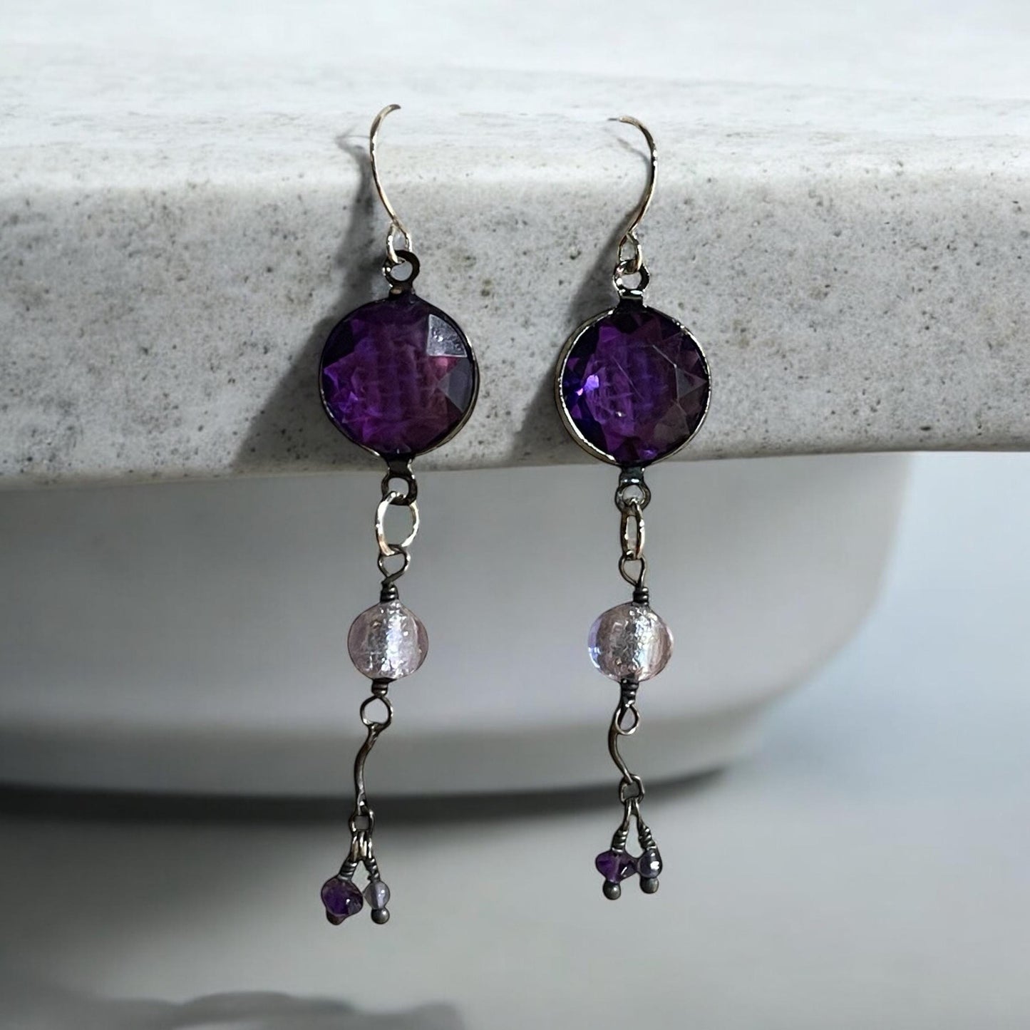 Handmade Mixed-Material Earrings with Purple Crystal – New & Vintage Components – Elegant Dangle Jewelry