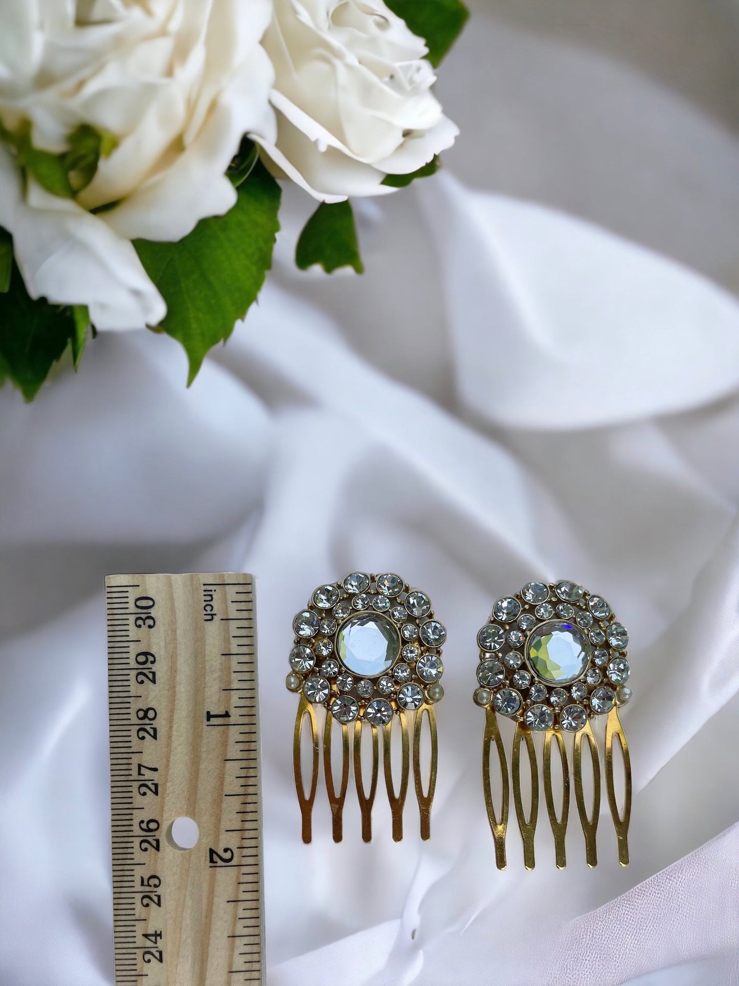 Pair of rhinestone hair combs or hair pins - all white rhinestones trimmed with tiny faux baby pearls