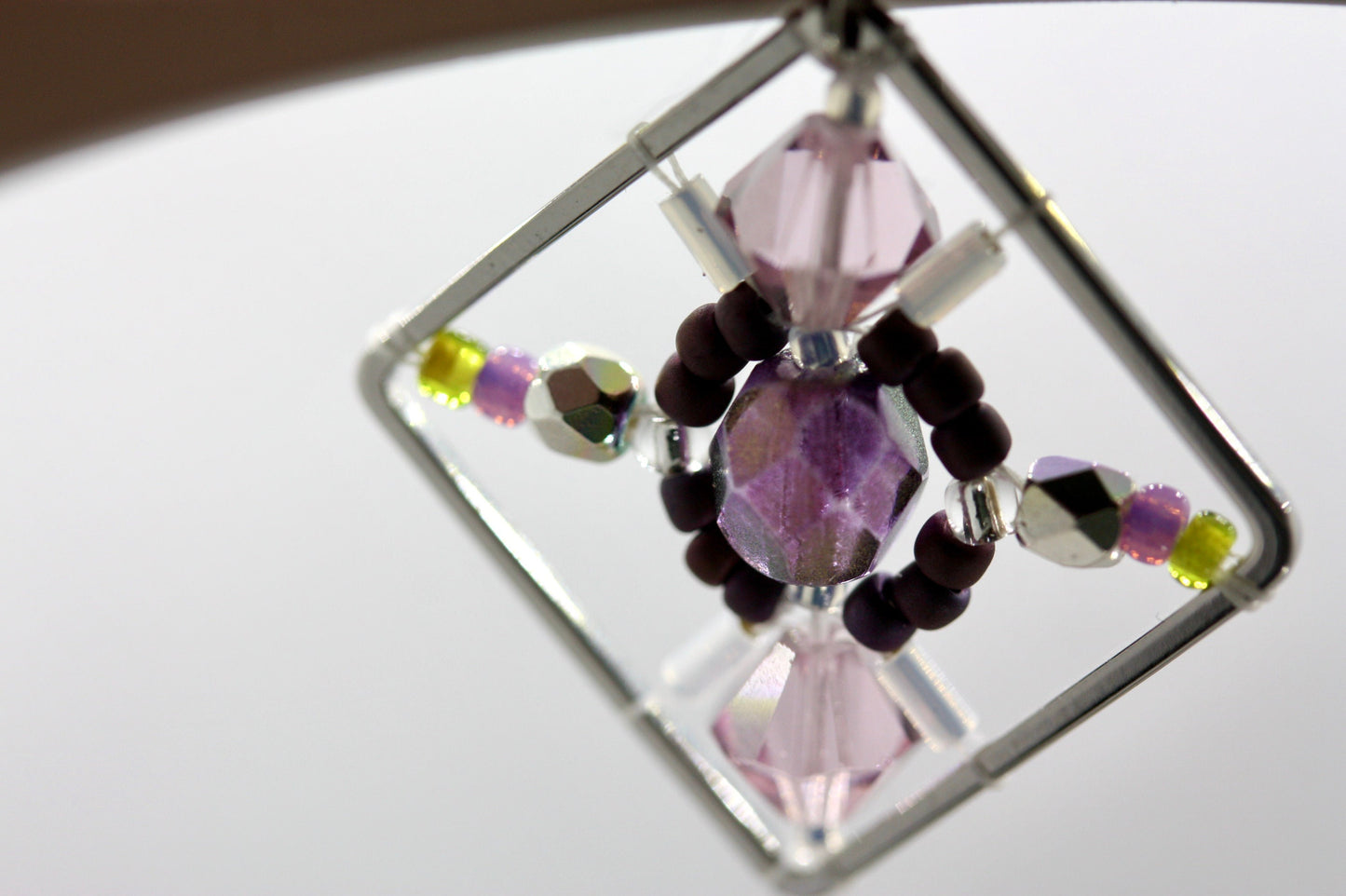 Purple, green and pink crystal and intricate beadwork small square dangle earrings