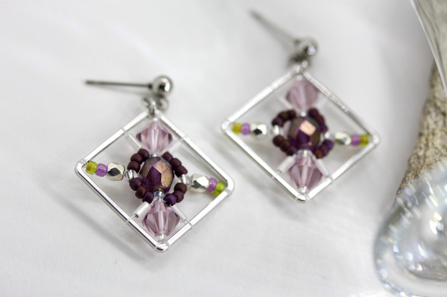 Purple, green and pink crystal and intricate beadwork small square dangle earrings