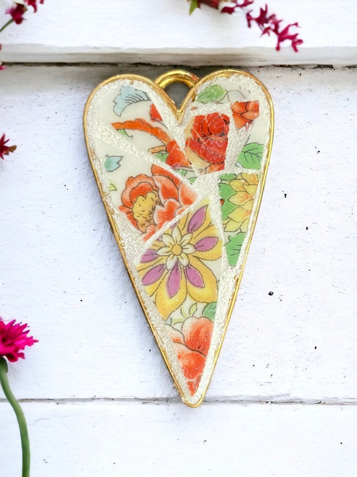My handmade mosaic heart necklace - made from hand cut pieces of a broken vintage dish