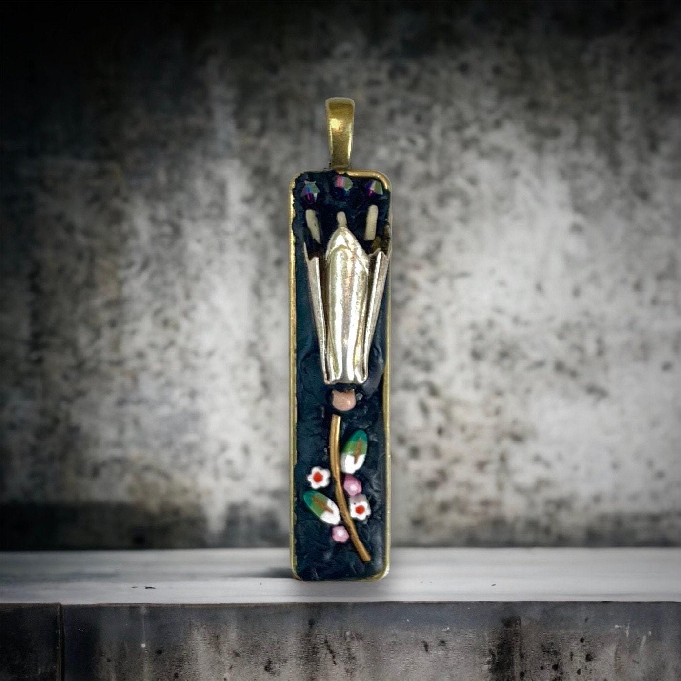 Mosaic Necklace Pendant: Mixed Glass and Metal - Handmade Floral Design