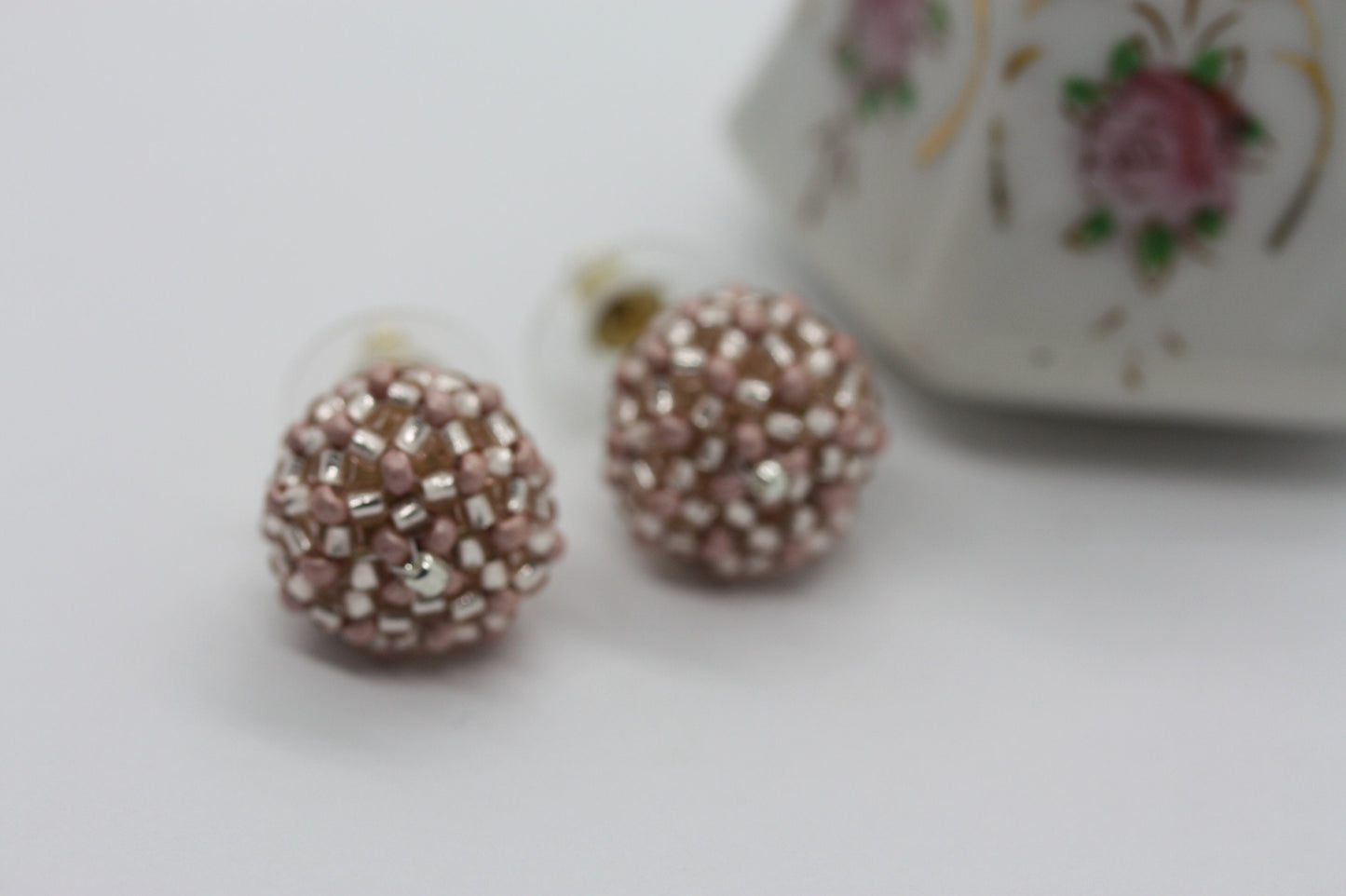 Handmade beaded bead stud earrings - approx. 3/4 of an inch - pink, wedding earrings, summer earrings