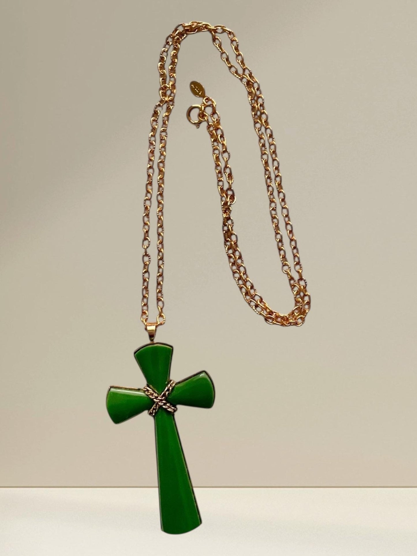 Vintage Avon Green Enamel Cross Pendant Necklace, Gold-Tone Chain, 1980s Avon Jewelry, Religious Statement Necklace