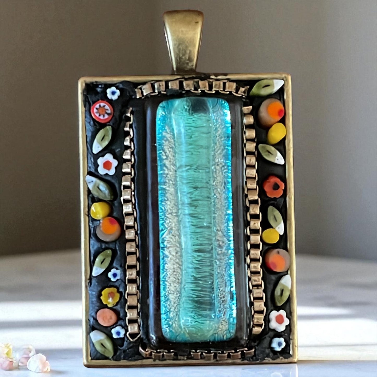 Handmade Micro Mosaic Necklace – Hand-Cut glass and dichroic glass center – Unique Artisan Jewelry – Colorful Gift for Her