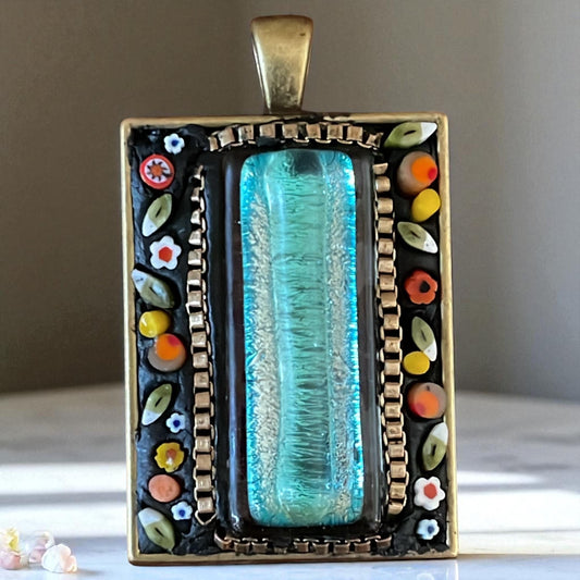 Handmade Micro Mosaic Necklace – Hand-Cut glass and dichroic glass center – Unique Artisan Jewelry – Colorful Gift for Her