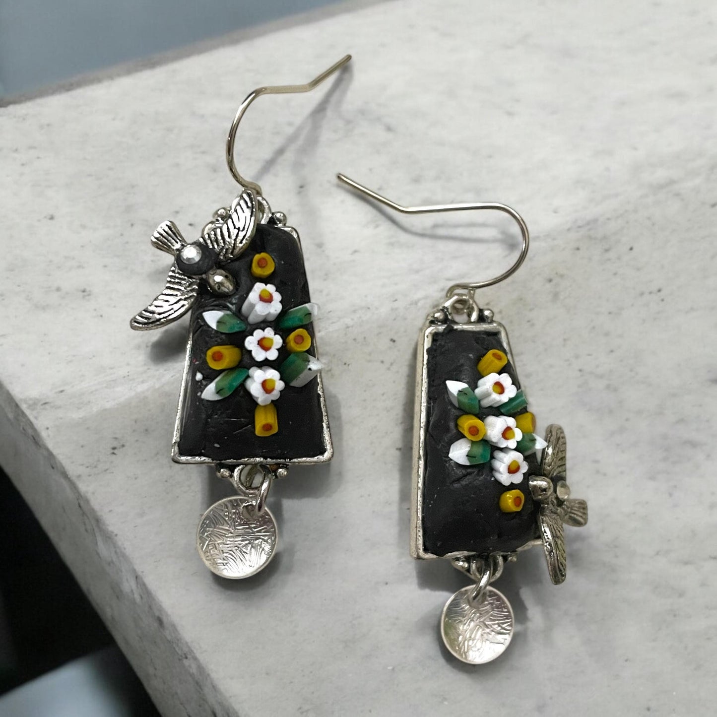 My own handmade Italian style hand cut micro mosaic millefiori dangle earrings - flowers with birds - sterling silver ear wires