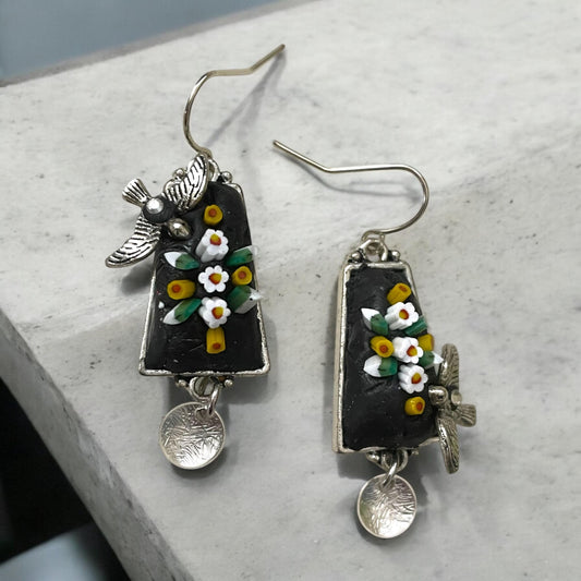 My own handmade Italian style hand cut micro mosaic millefiori dangle earrings - flowers with birds - sterling silver ear wires