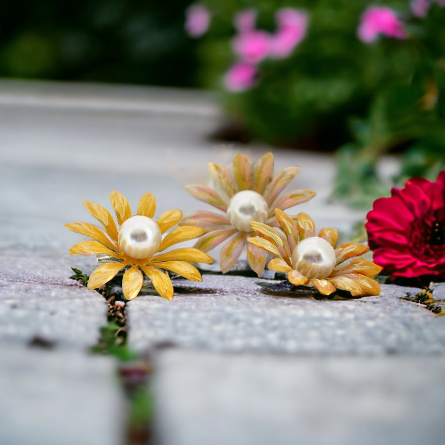 Handpainted vintage metal enamel daisy 3" flower hair clips with large faux pearl centers - or pin