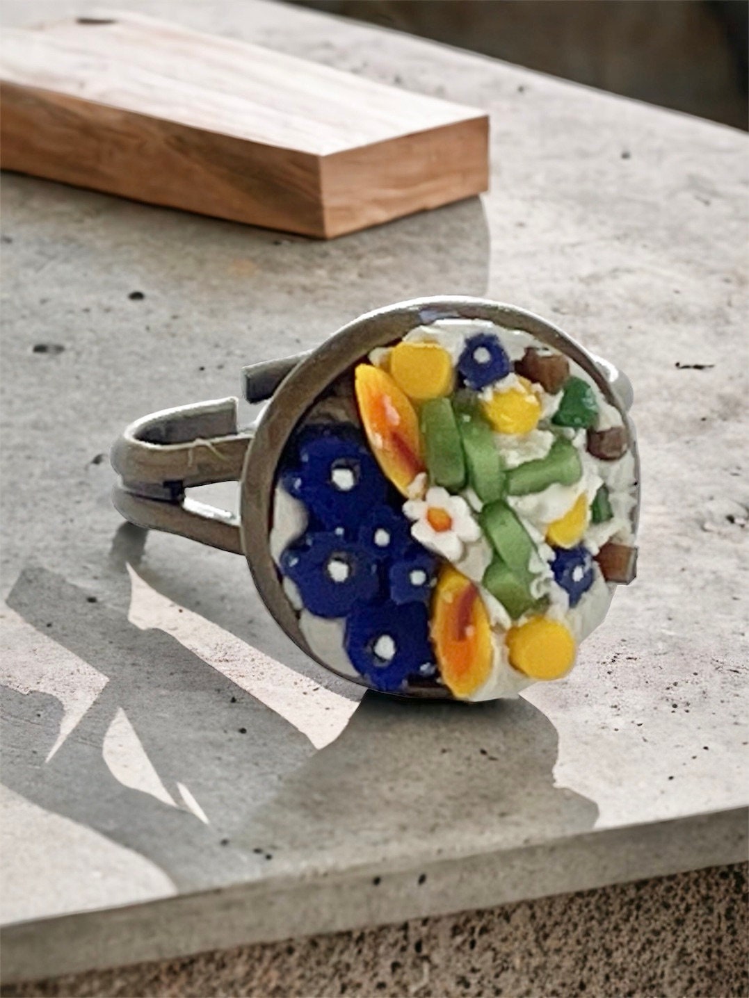 Handmade micro mosaic adjustable ring - Italian inspired - hand cut glass with millefiori flowers